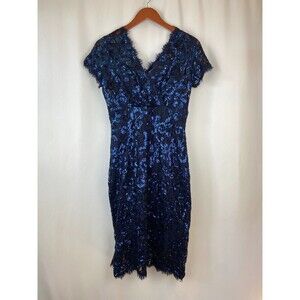 Marina 6 Blue Formal Midi Sheath Dress Sequin Stretch Mother of the Bride Party